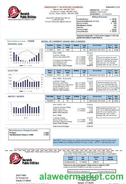 USA NORWICH PUBLIC UTILITIES utility bill Word and PDF template